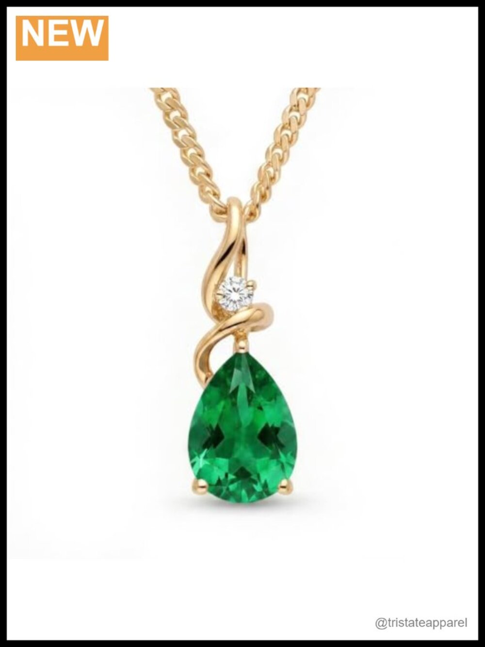14K Solid Gold Pear Emerald Lab Grown Diamond Pendant Necklace